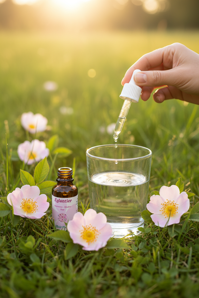 Élixir Floral d'Églantier – gouttes dans un verre d'eau en prairie