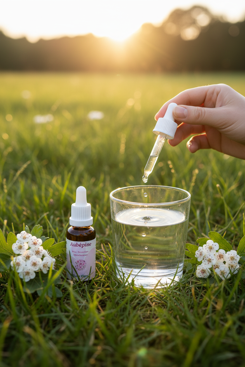 Élixir Floral d'Aubépine – gouttes dans un verre d'eau en prairie