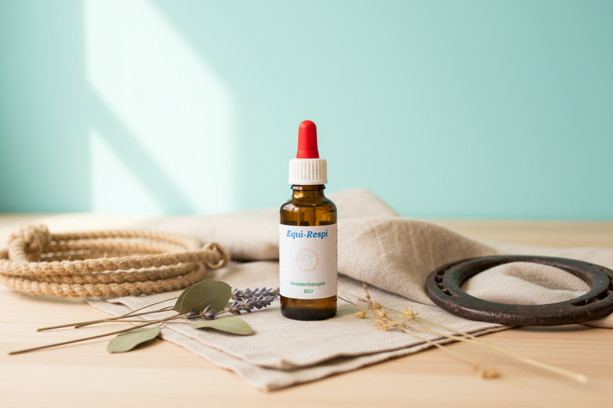 Equi-Respi – Mise en scène artisanale fond turquoise, licol et fer à cheval