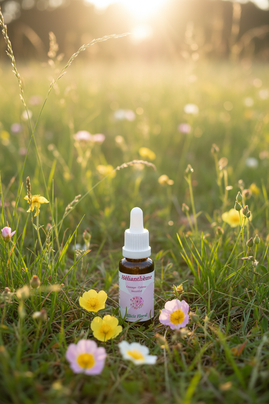 Élixir Floral d'Hélianthème – fiole seule dans la prairie