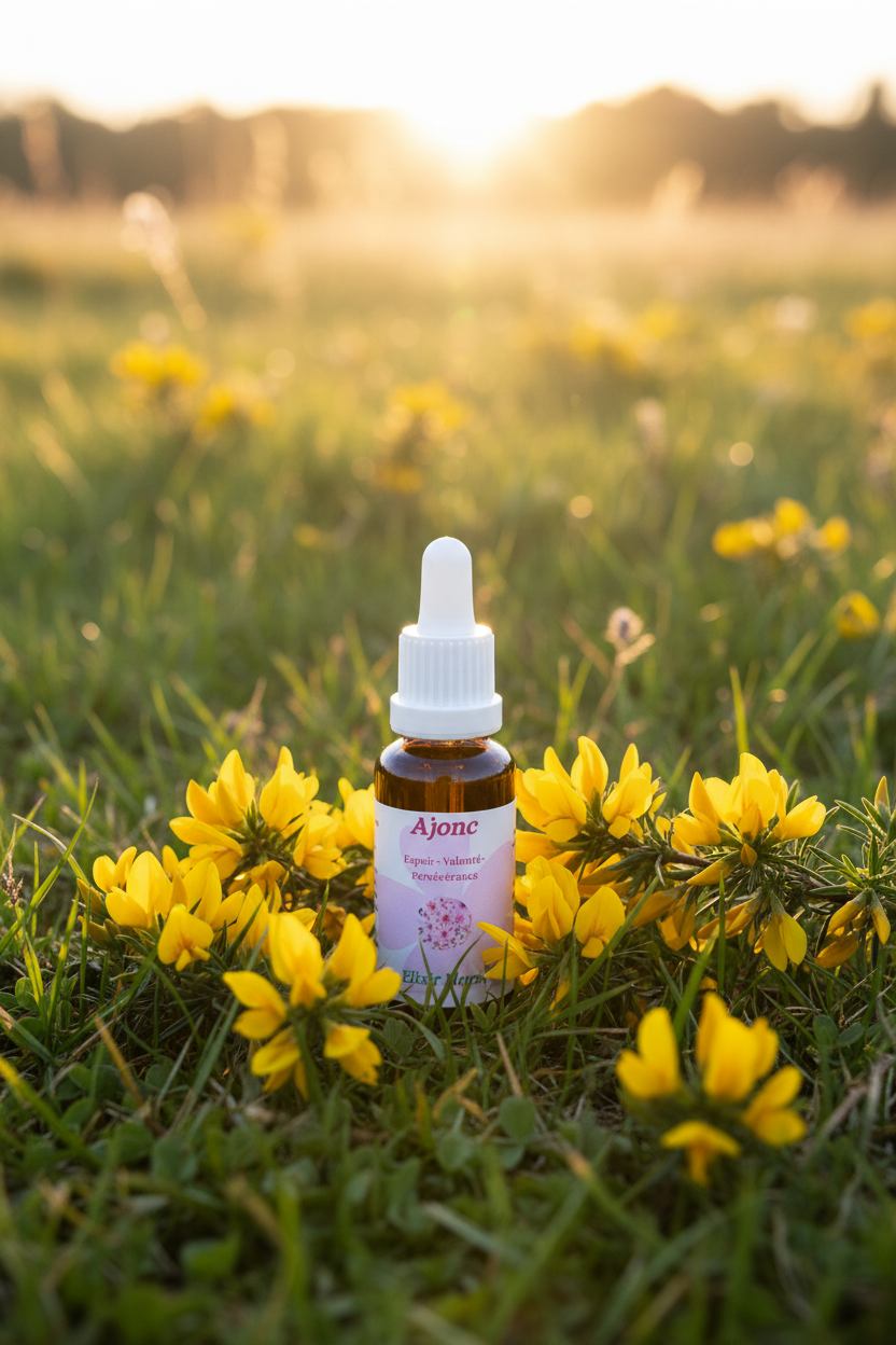 Élixir Floral d'Ajonc – fiole seule dans la prairie