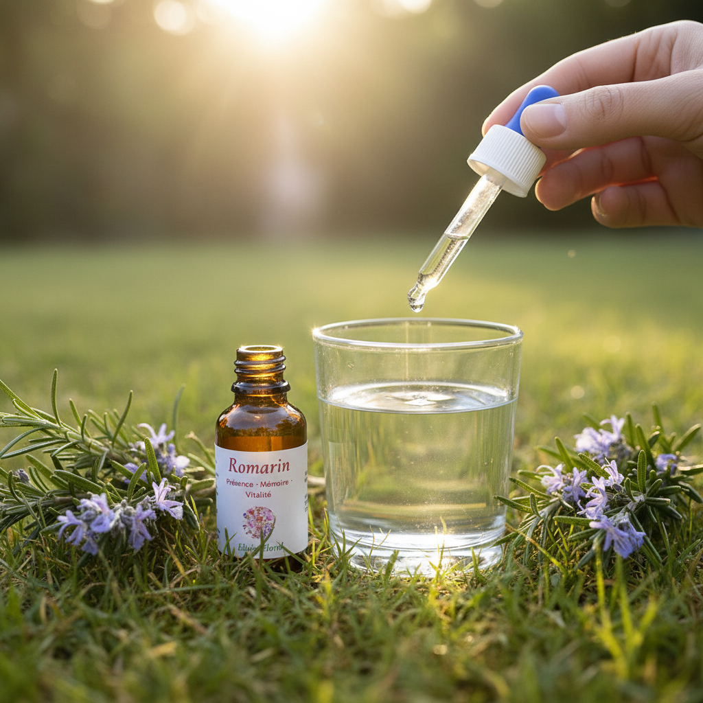 Élixir Floral de Romarin – utilisation pipette au-dessus d'un verre d'eau