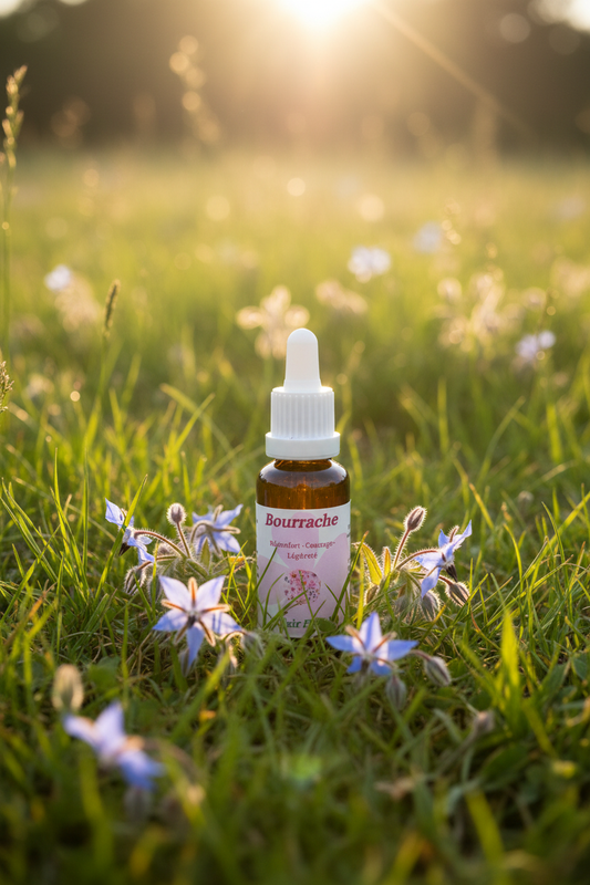 Élixir Floral de Bourrache – fiole seule dans la prairie