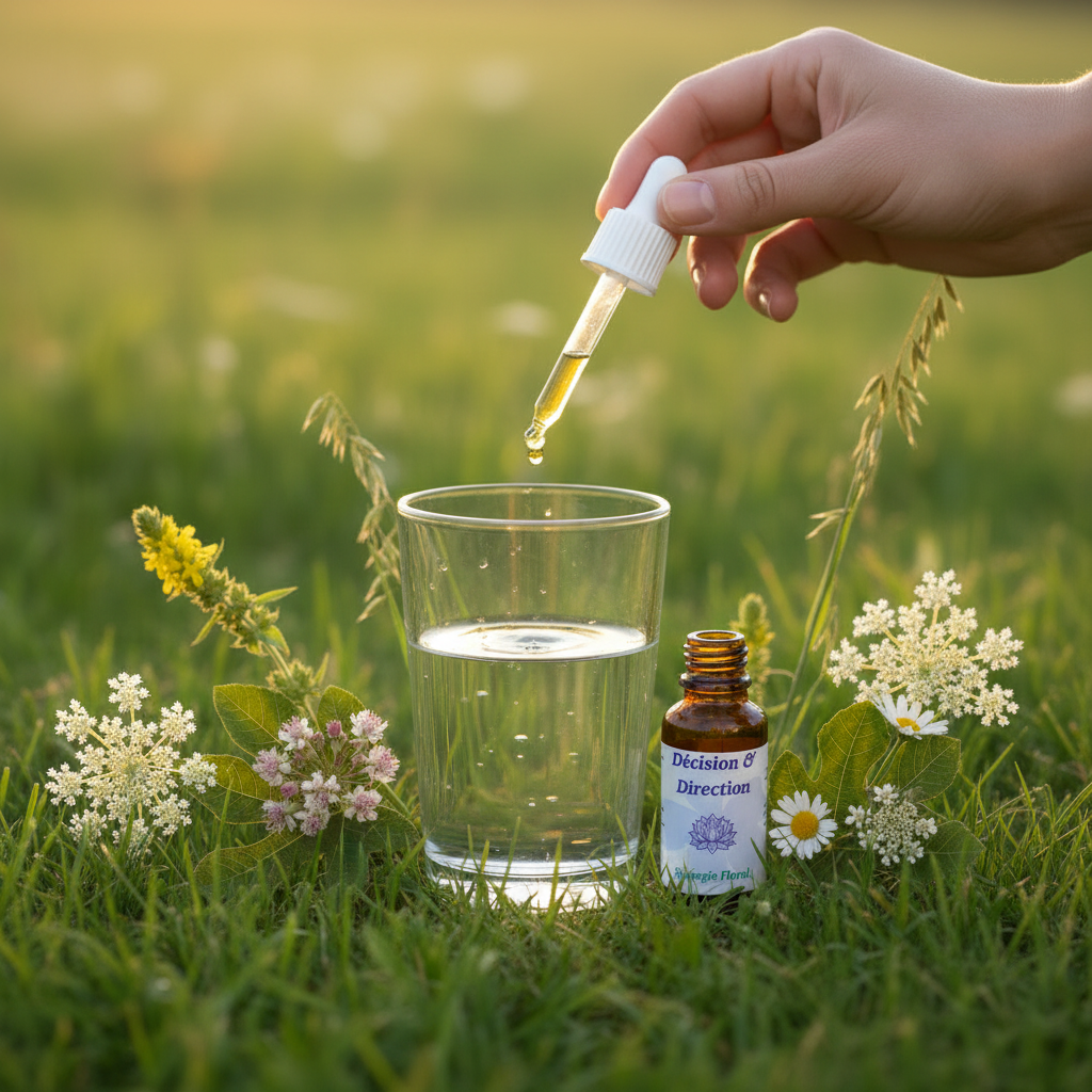 Utilisation Décision & Direction – pipette et fiole dans un verre d’eau dans la prairie – Arom’Elia