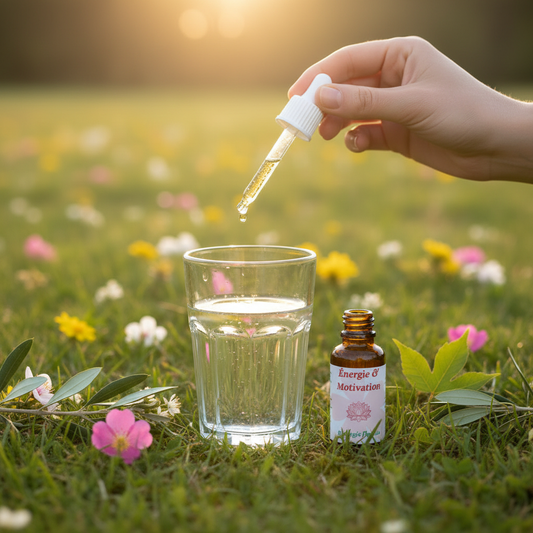 Utilisation Énergie & Motivation – pipette et fiole dans un verre d’eau dans la prairie – Arom’Elia