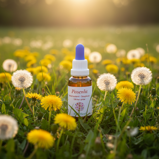 Élixir Floral de Pissenlit – flacon dans une prairie de pissenlits, lumière dorée