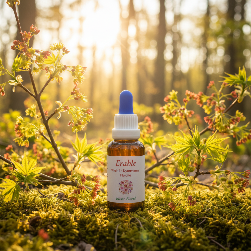Élixir Floral d’Érable – flacon au premier plan dans une clairière avec branches d’érable en fleurs, lumière dorée