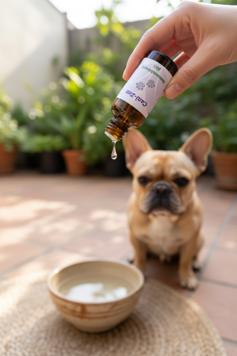 Cani-Zen main versant une goutte dans la gamelle avec bouledogue français qui attend