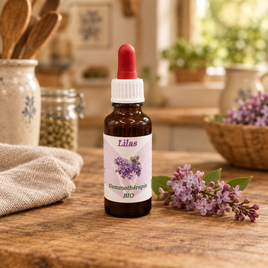 Fiole fermée de Lilas en gemmothérapie BIO sur un plan de travail en bois de cuisine de campagne, étiquette blanche neutre