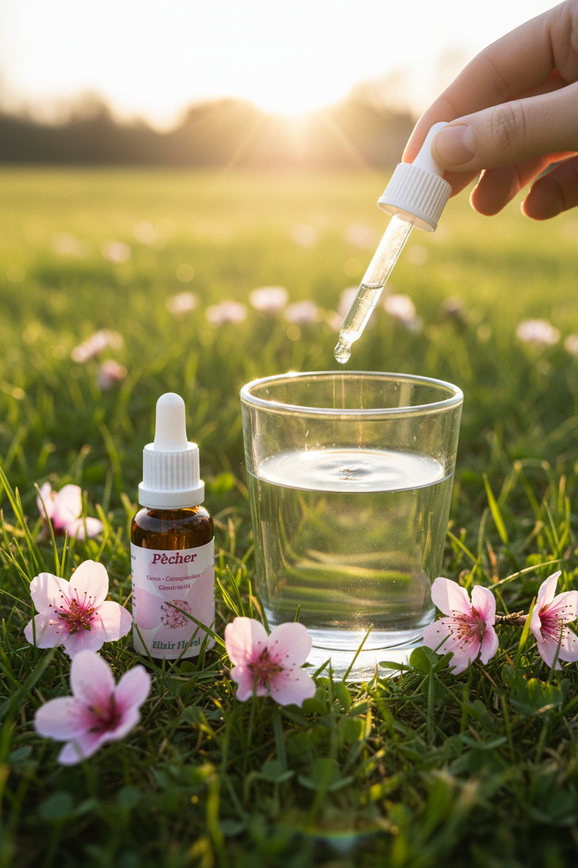 Élixir Floral de Pêcher – gouttes dans un verre d'eau en prairie
