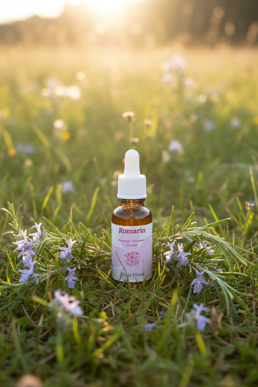 Élixir Floral de Romarin – fiole seule dans la prairie