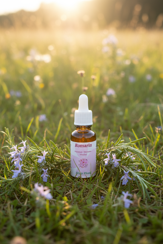 Élixir Floral de Romarin – fiole seule dans la prairie