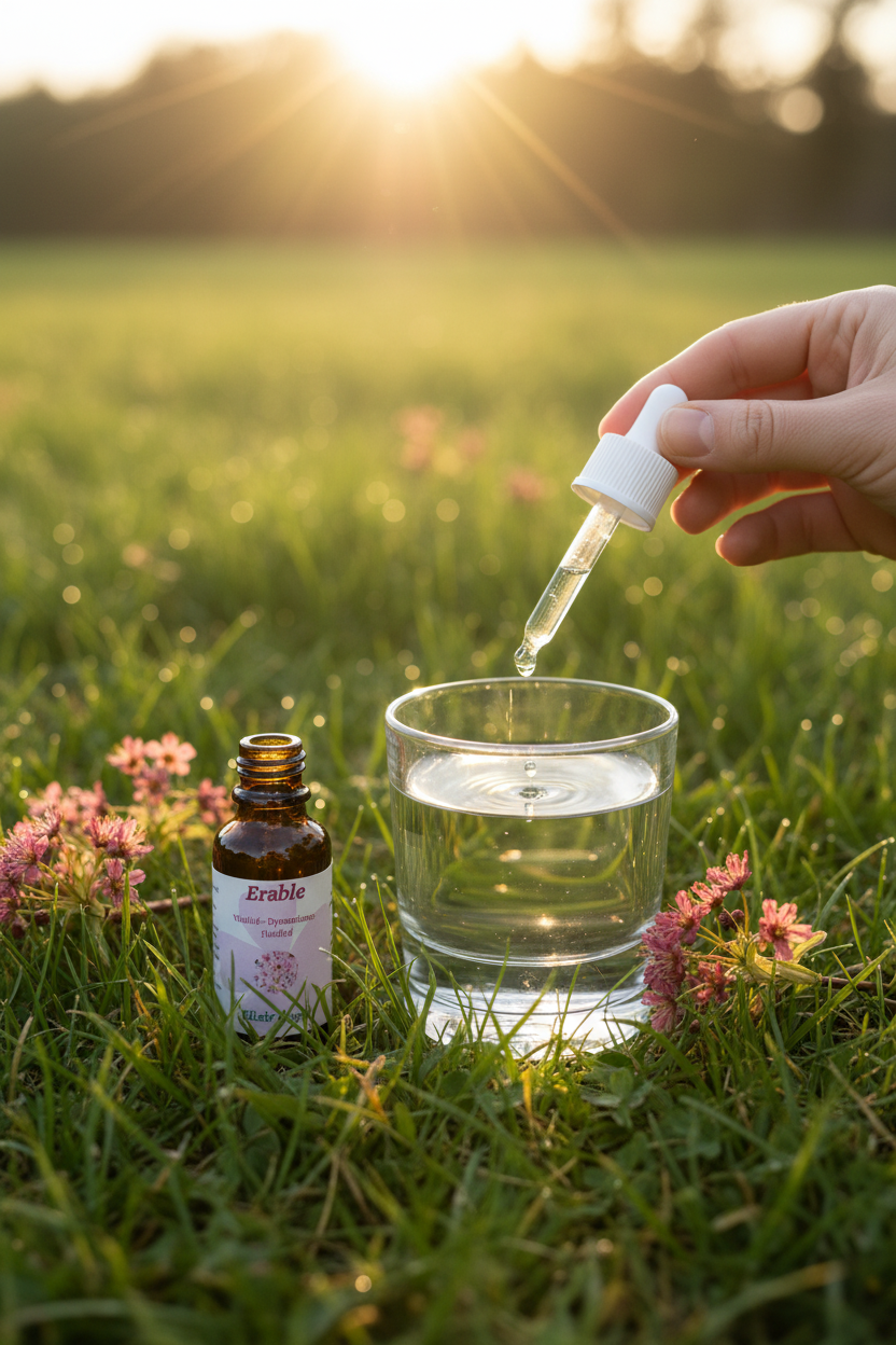 Élixir Floral d'Érable – gouttes dans un verre d'eau en prairie