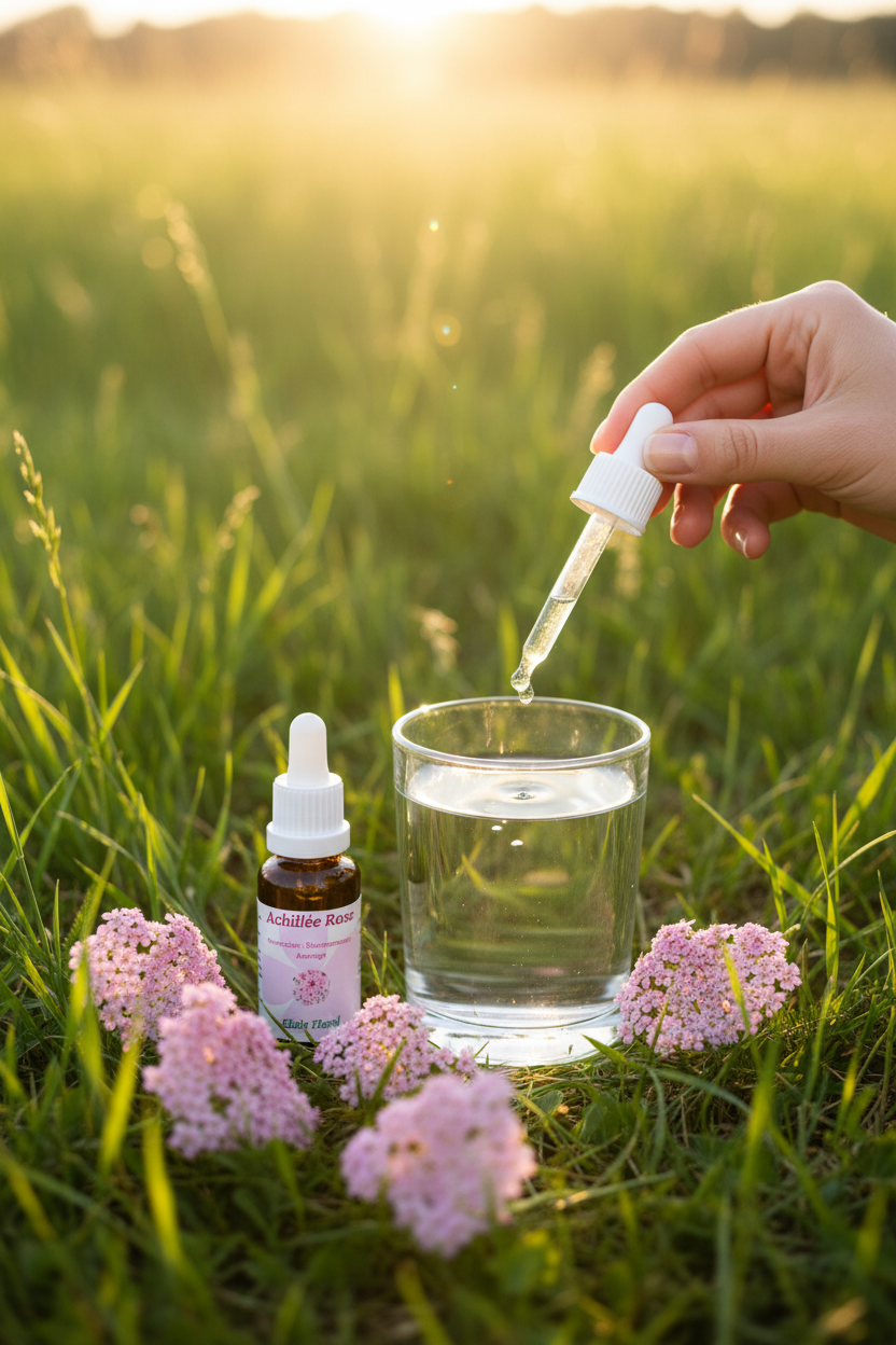 Élixir Floral d'Achillee Rose – gouttes dans un verre d'eau en prairie