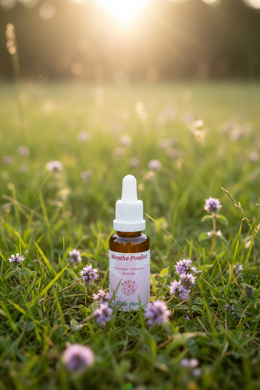 Élixir Floral de Menthe Pouliot – fiole seule dans la prairie