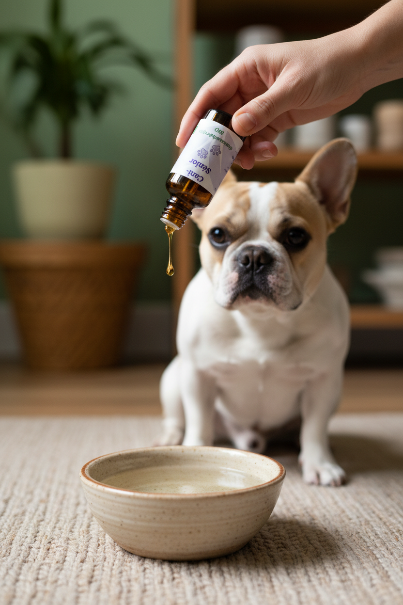 Cani-Sénior main versant une goutte dans la gamelle avec bouledogue français qui attend