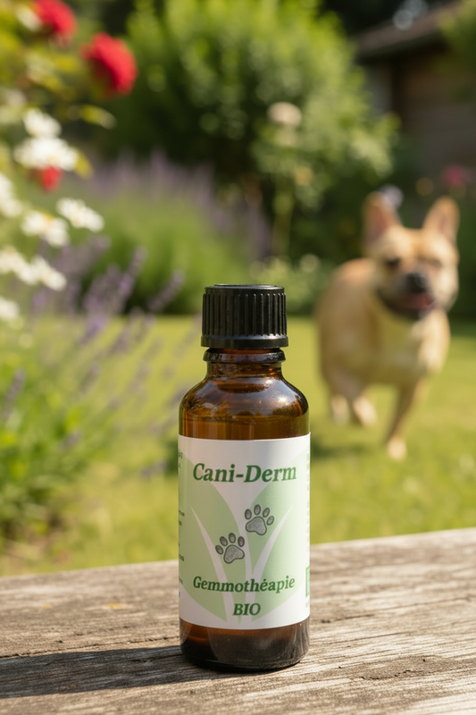 Cani-Derm fiole zoomée centrée bouledogue français en fond flouté