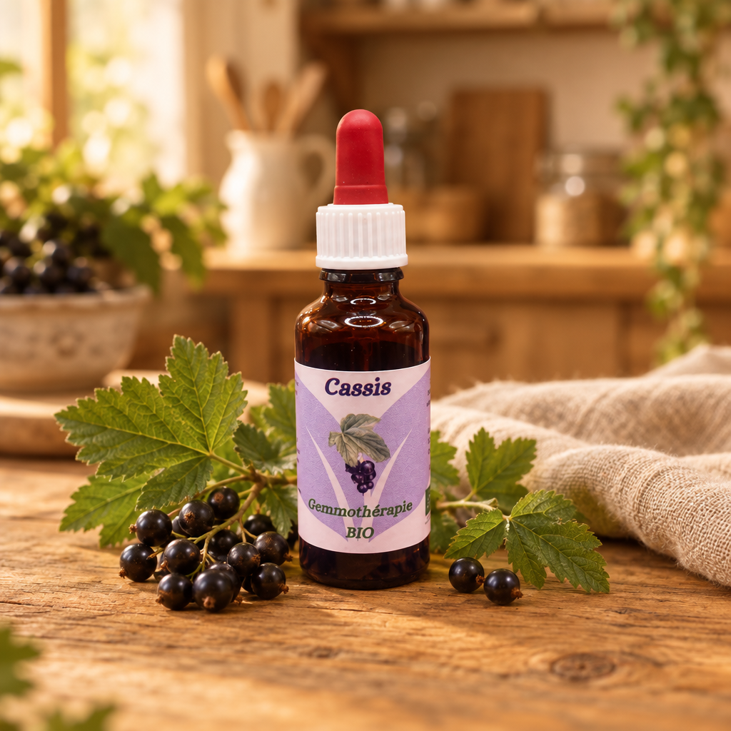 Fiole fermée de Cassis en gemmothérapie BIO sur une table en bois dans une cuisine de campagne, avec feuilles et baies de cassis discrètes