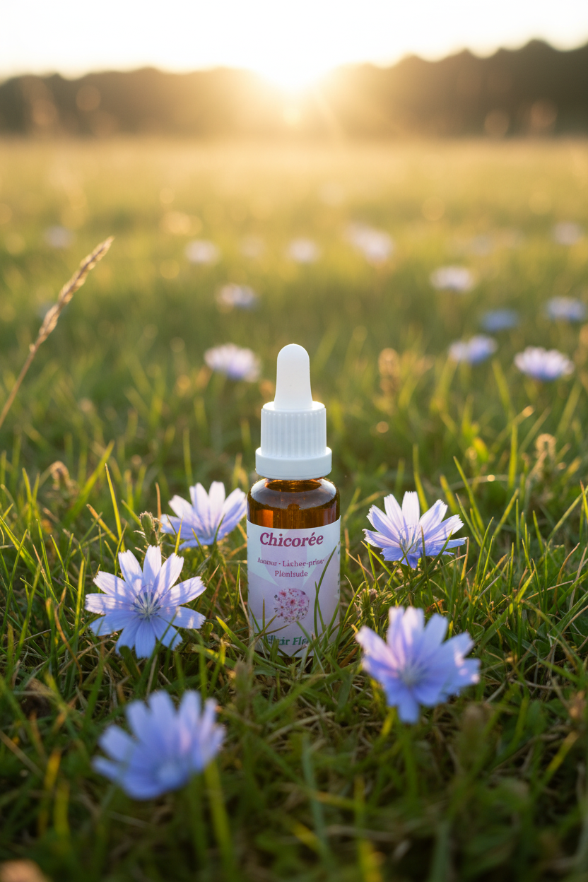 Élixir Floral de Chicorée – fiole seule dans la prairie