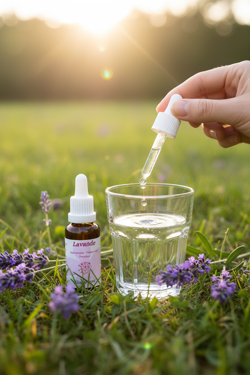 Élixir Floral de Lavande – gouttes dans un verre d'eau en prairie