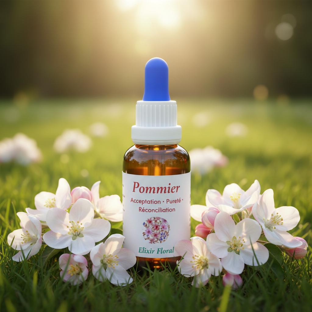Élixir Floral de Pommier Sauvage – flacon dans une prairie de fleurs blanches, lumière dorée