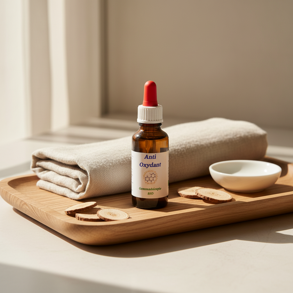 Synergie Anti-Oxydant — fiole debout sur plateau chêne et lin naturel