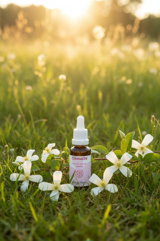Élixir Floral de Clématite – fiole seule dans la prairie