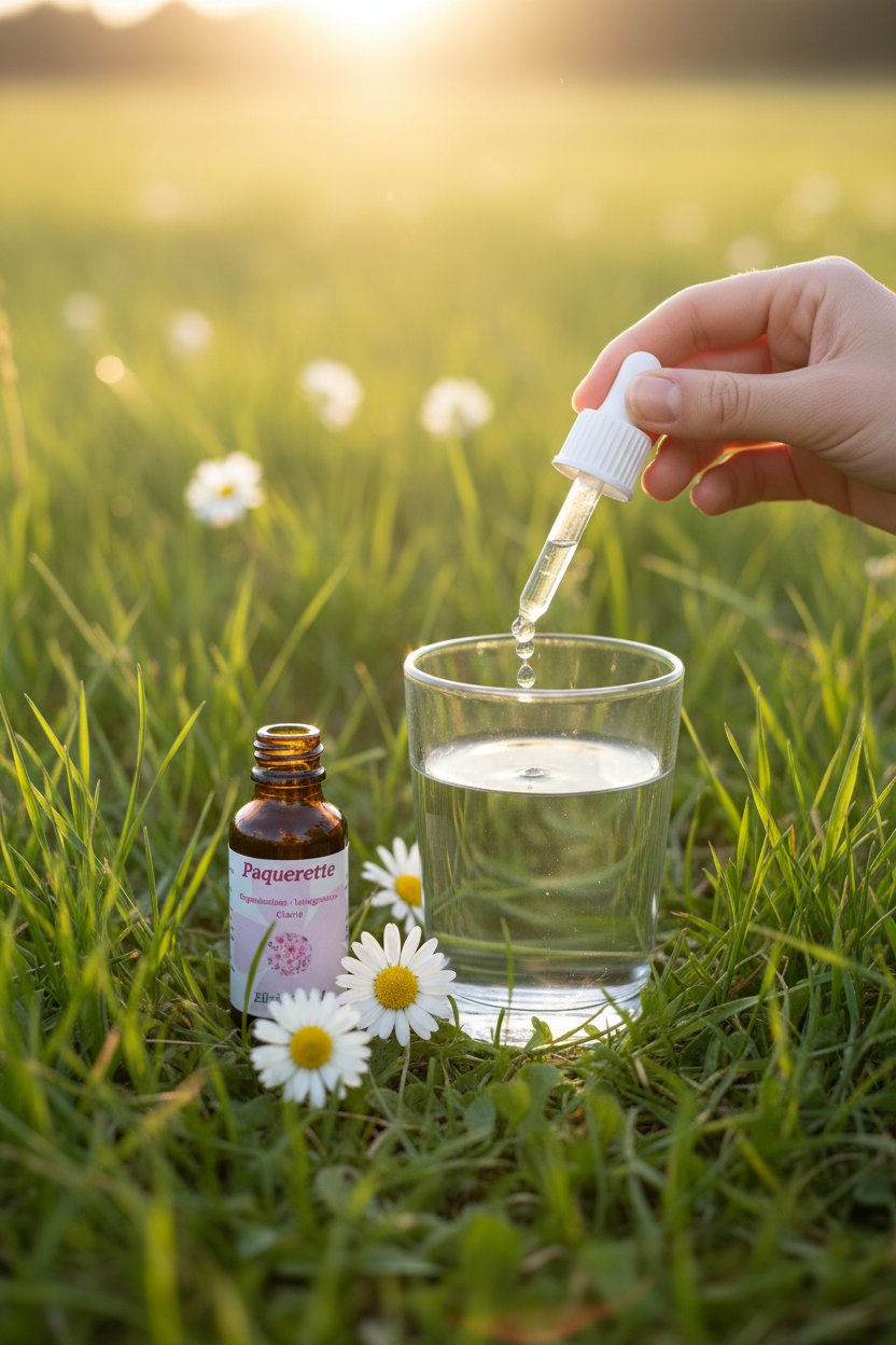 Élixir Floral de Pâquerette – gouttes dans un verre d'eau en prairie