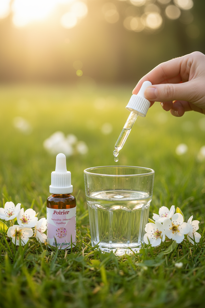 Élixir Floral de Poirier – gouttes dans un verre d'eau en prairie