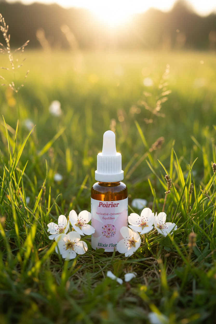 Élixir Floral de Poirier – fiole seule dans la prairie