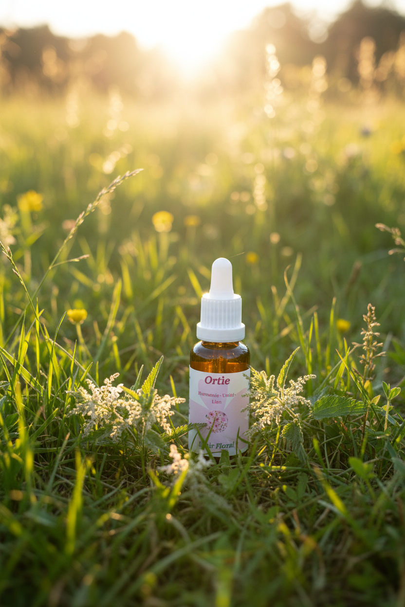 Élixir Floral d'Ortie – fiole seule dans la prairie
