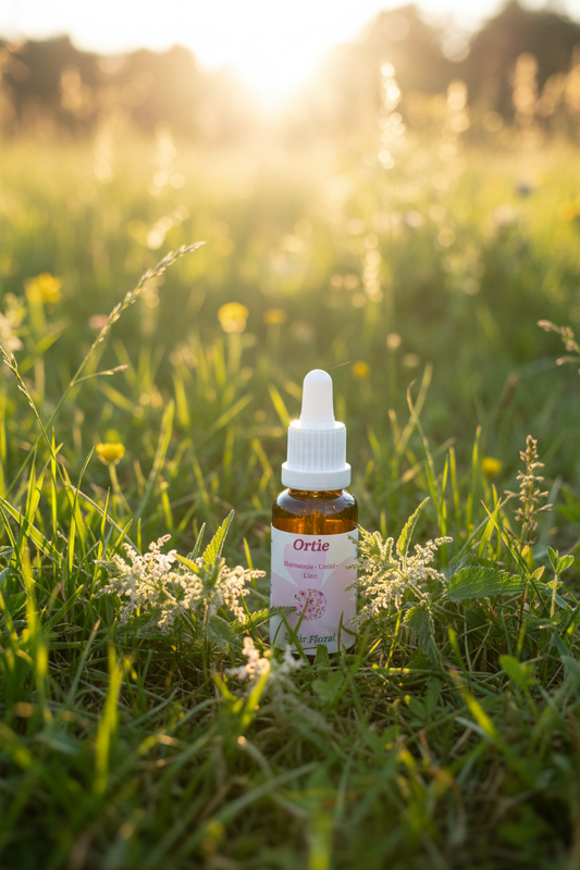 Élixir Floral d'Ortie – fiole seule dans la prairie