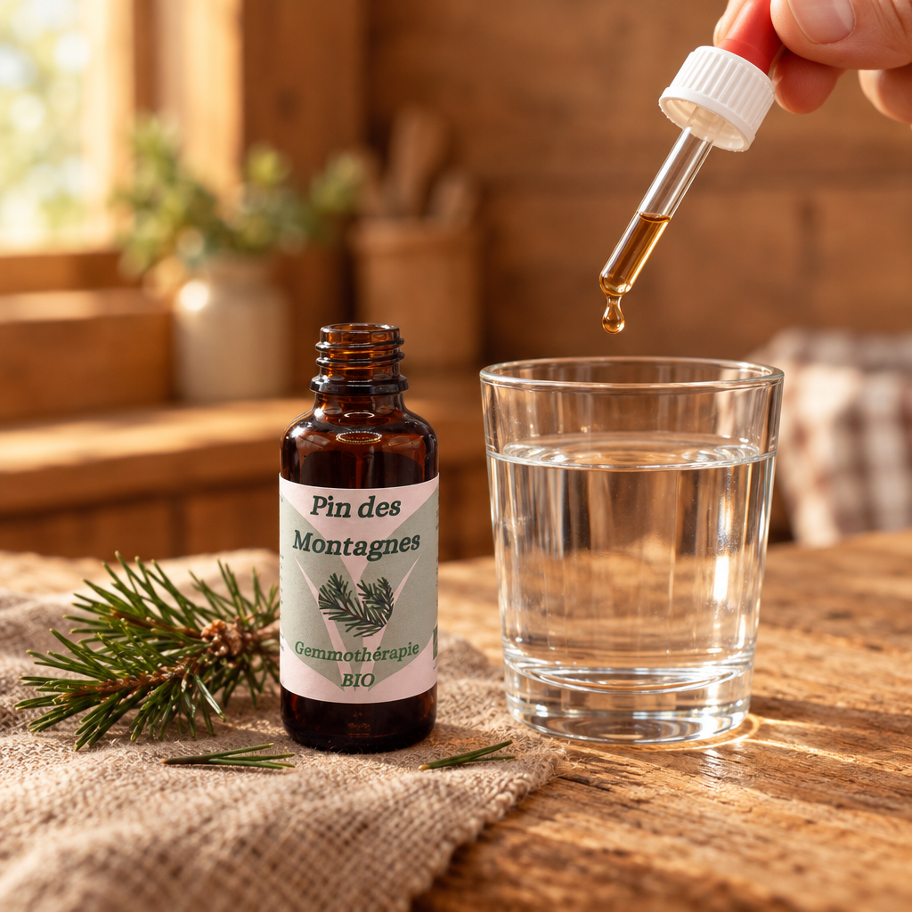 Pipette de Pin des Montagnes avec une goutte ambrée claire au-dessus d’un verre d’eau limpide, dans une cuisine en bois naturel