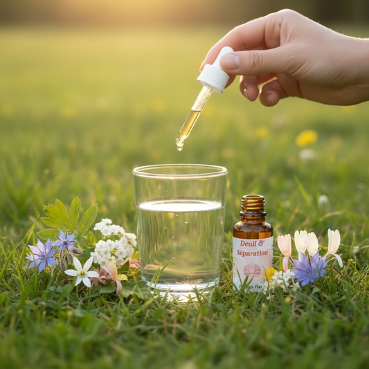 Utilisation Deuil & Séparation – pipette dans un verre d’eau dans la prairie – Arom’Elia