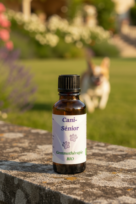 Cani-Sénior fiole zoomée bouledogue français en fond flouté