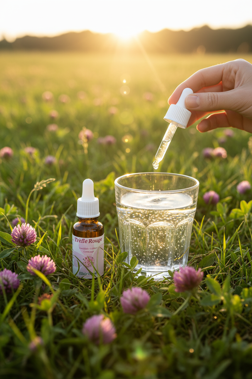 Élixir Floral de Trèfle Rouge – gouttes dans un verre d'eau en prairie