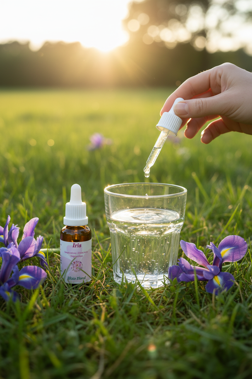 Élixir Floral d'Iris – gouttes dans un verre d'eau en prairie