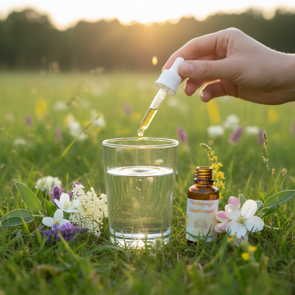 Utilisation Nettoyage Émotionnel – pipette et fiole dans un verre d’eau dans la prairie – Arom’Elia