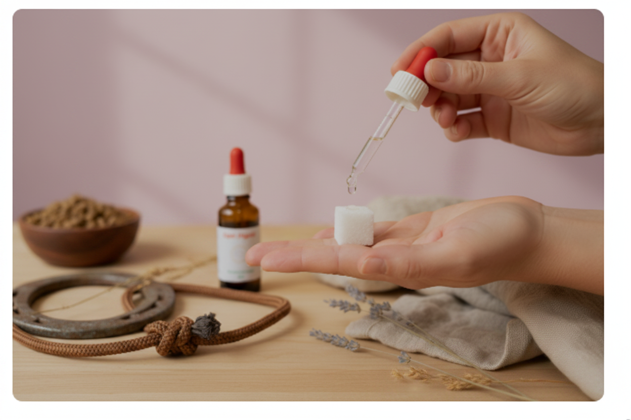 Equi-Zen – Utilisation : gouttes sur sucre, ration, fer à cheval, licol, fond violet rosé