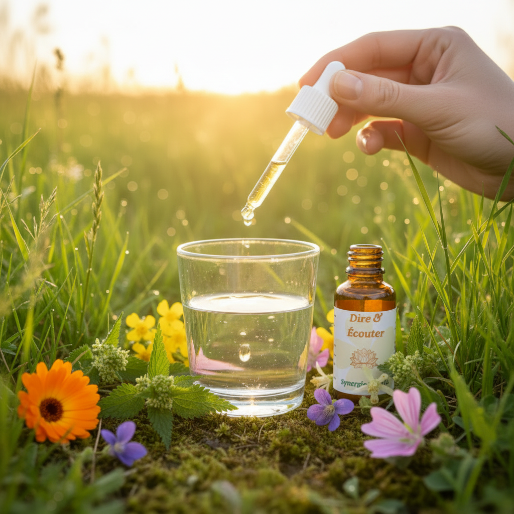 Utilisation Dire & Écouter – pipette et fiole dans un verre d’eau dans la prairie – Arom’Elia