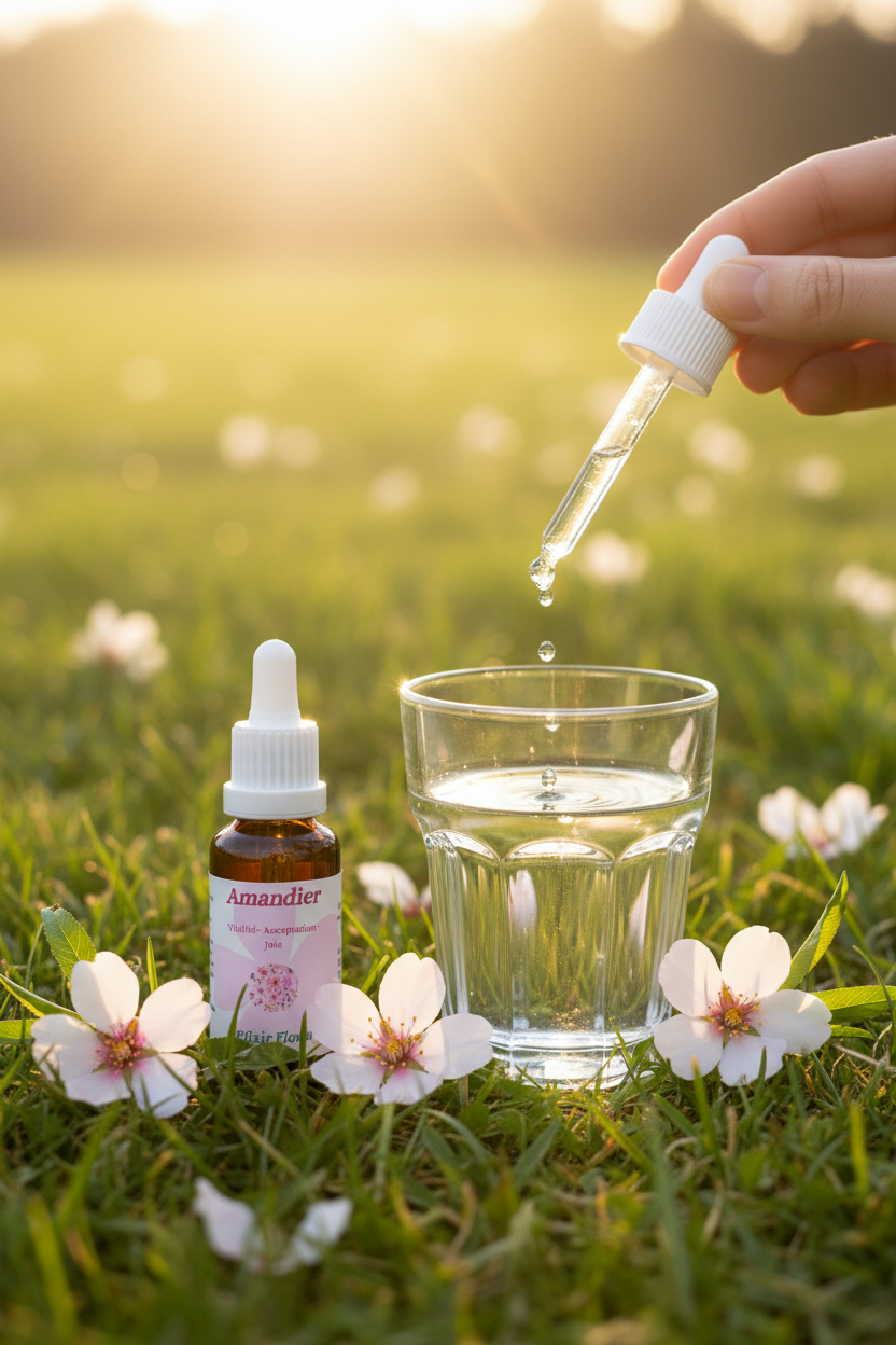 Élixir Floral d'Amandier – gouttes dans un verre d'eau en prairie