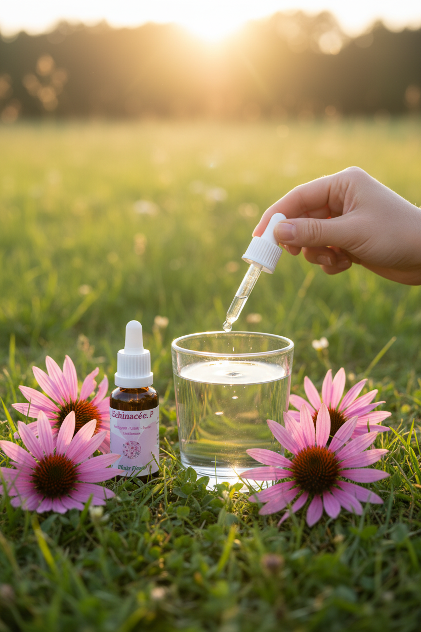 Élixir Floral d'Échinacée Pourpre – gouttes dans un verre d'eau en prairie