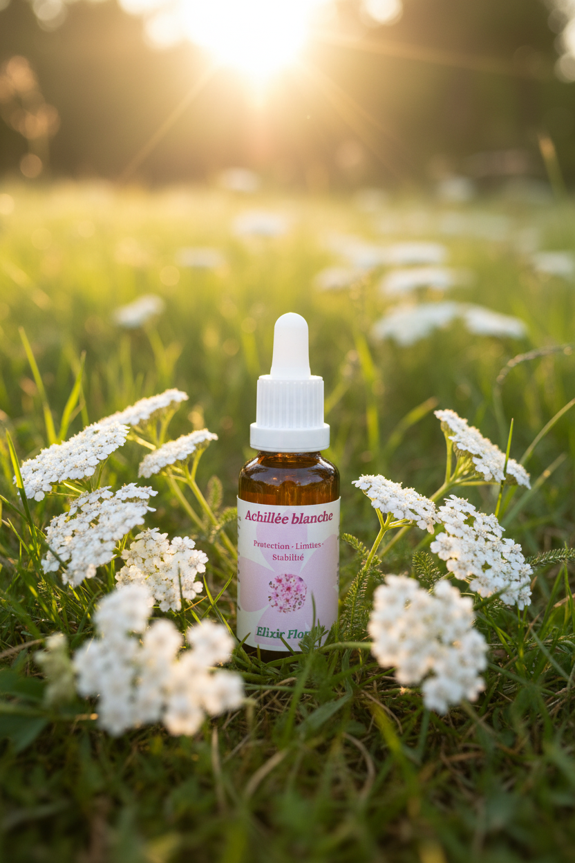 Élixir Floral d'Achillée blanche – fiole seule dans la prairie