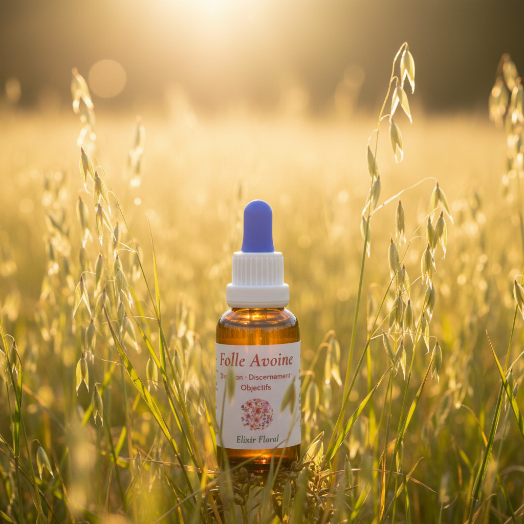 Élixir Floral de Folle Avoine – flacon au premier plan dans une prairie d’avoines sauvages, lumière dorée