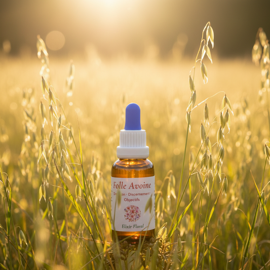 Élixir Floral de Folle Avoine – flacon au premier plan dans une prairie d’avoines sauvages, lumière dorée