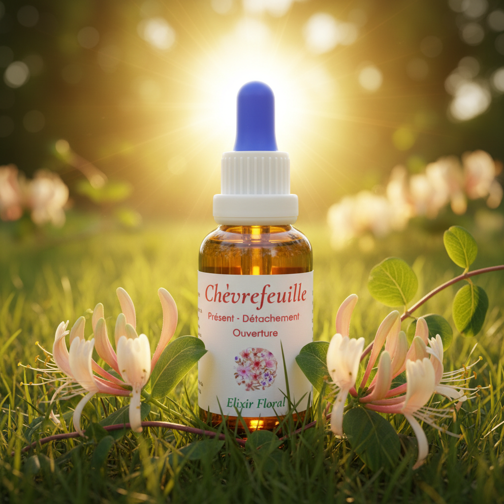 Élixir Floral de Chèvrefeuille – flacon au premier plan entouré de fleurs de chèvrefeuille, lumière dorée