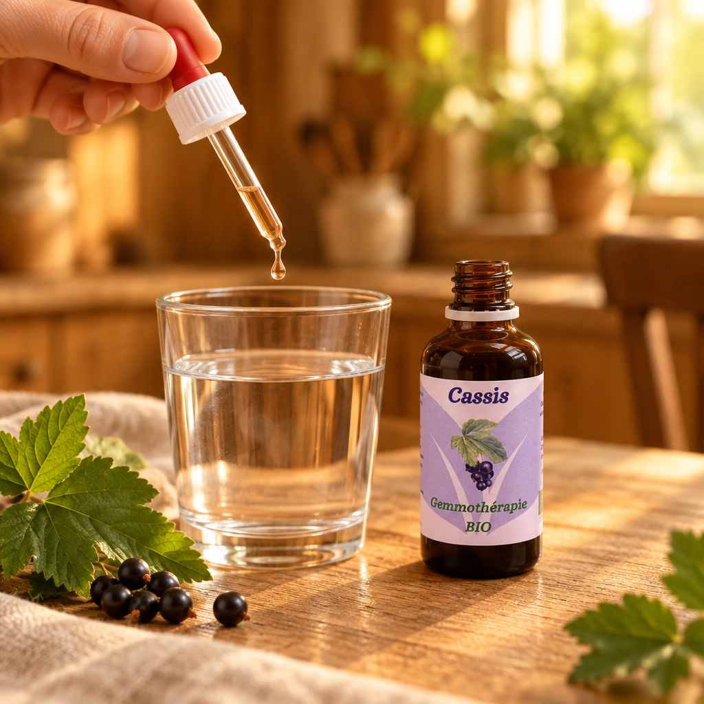 Main tenant une pipette de Cassis avec une goutte de liquide ambré clair au-dessus d’un verre d’eau limpide dans une cuisine en bois