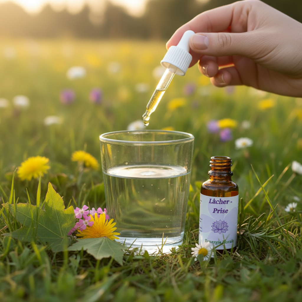 Utilisation Lâcher Prise – pipette et fiole dans un verre d’eau dans la prairie – Arom’Elia