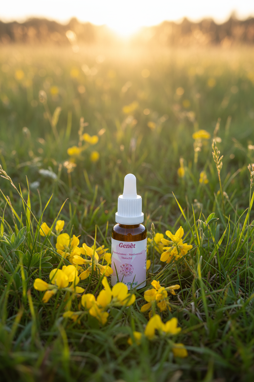 Élixir Floral de Genêt – fiole seule dans la prairie