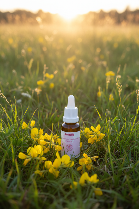 Élixir Floral de Genêt – fiole seule dans la prairie